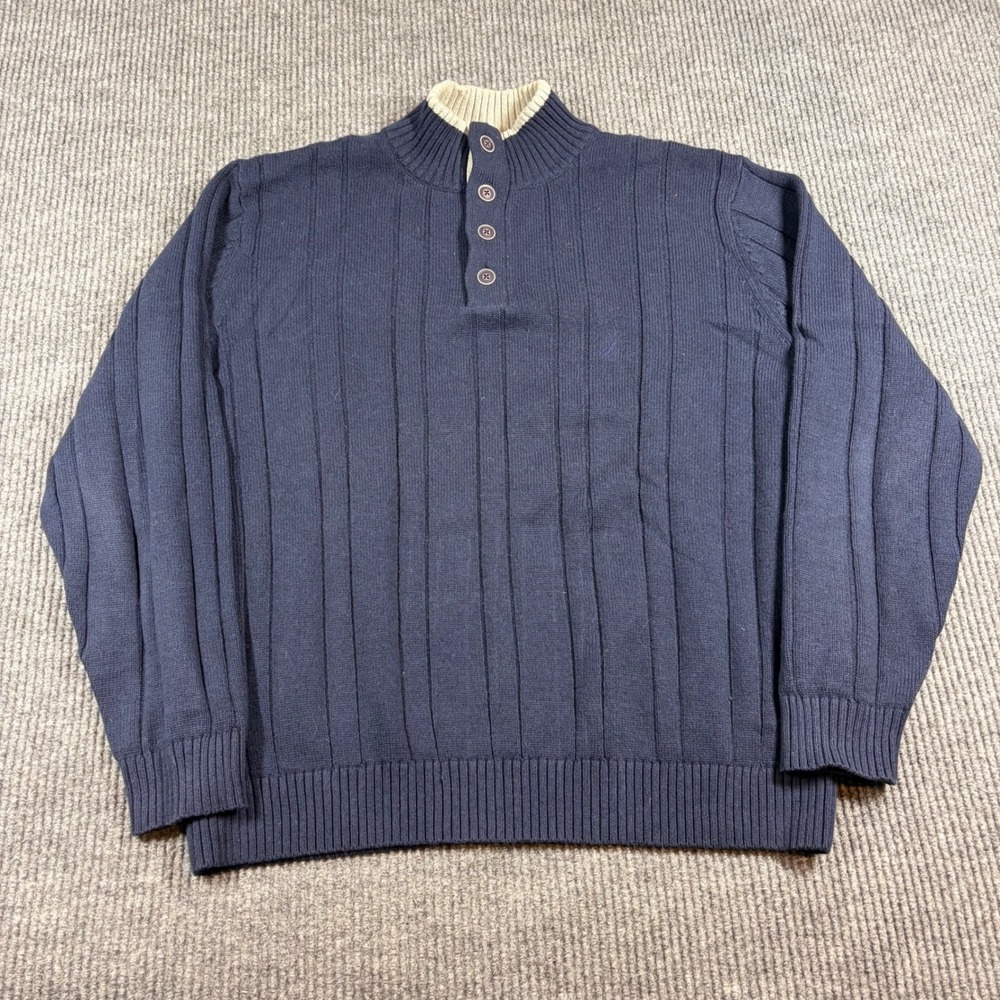 Nautica Sweater Men's XL Navy Blue Ribbed Quarter Button Mock Neck Cotton‎
